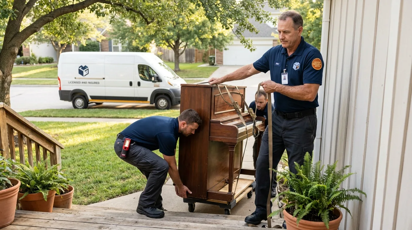 Licensed piano movers securing grand piano in Barling, AR