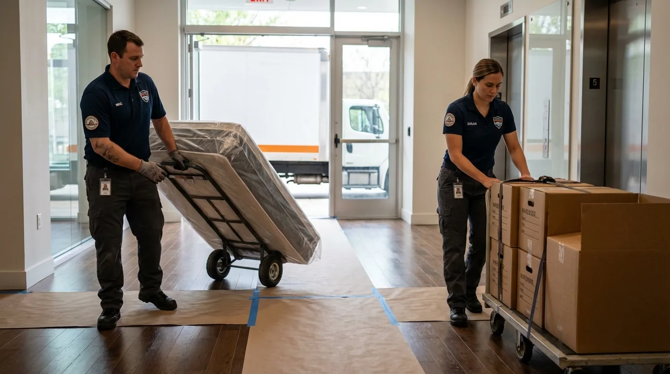 Professional apartment movers loading elevator in Barling, AR